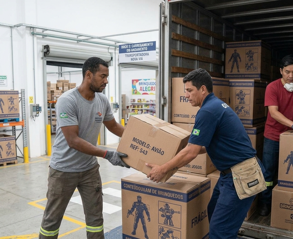 Foto real: equipe de expedição separando pedidos no galpão