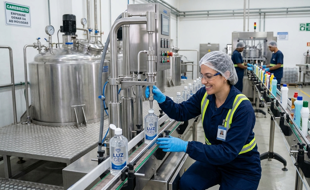 Foto real: operador acompanhando a linha de produção na fábrica